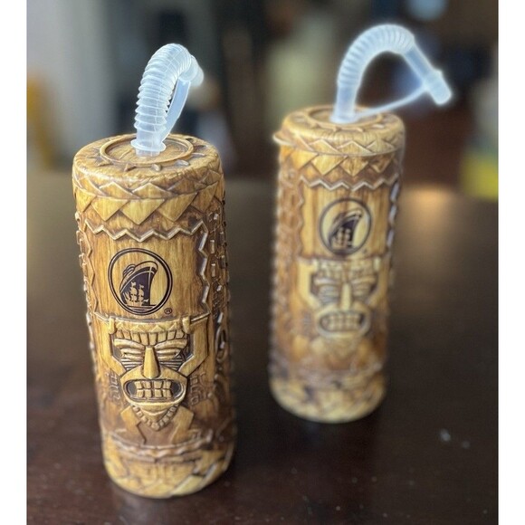 SET 2 Whirley Tiki Plastic Drink Cruise Ship Tumbler Lid Straw Raised Hut Design - Picture 1 of 6